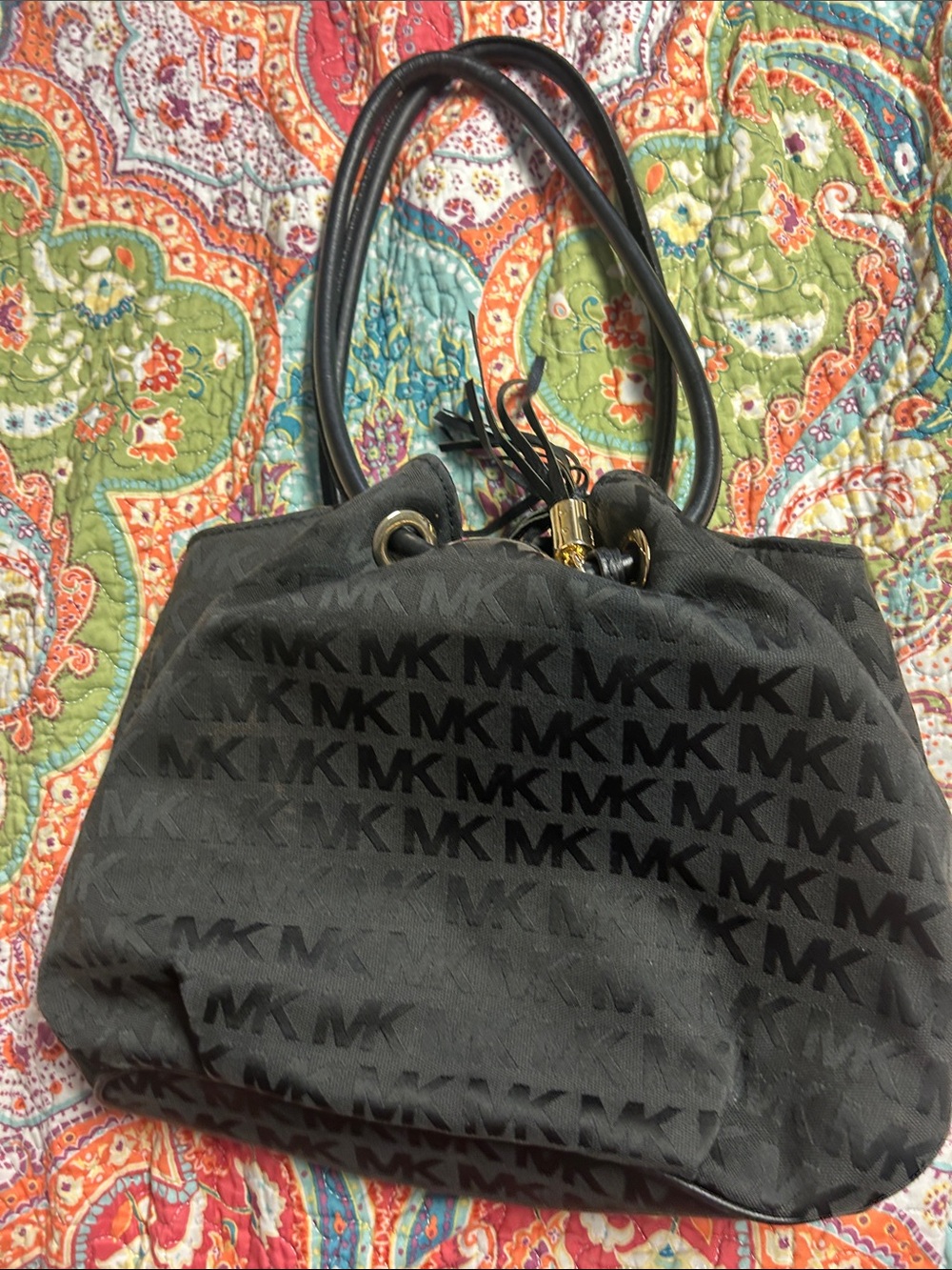 Michael Kors Black MK Logo Drawstring Shoulder Tote